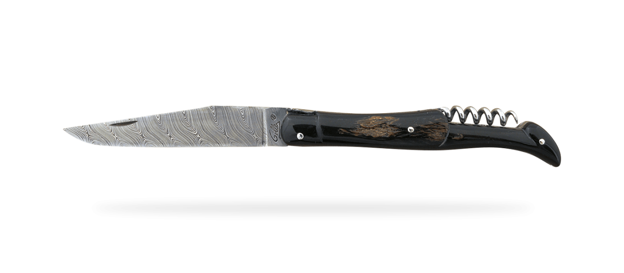 Couteau Laguiole Traditionnel 12 cm Damas avec Tire-Bouchon Buffle brut
