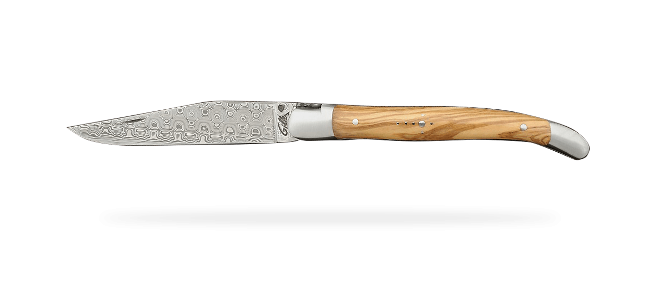 Laguiole knife Traditional 11 cm Guilloché Damascus Range Olivewood