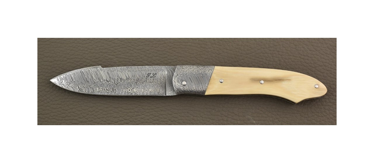 Gueuleton Damascus blade and bolster, Brown Mammoth Ivory by Jérôme Latreille