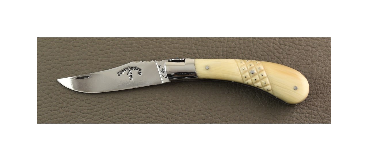 "Le Capuchadou®-Guilloché Aiguille" 10 cm hand made knife, Buffalo horn tip