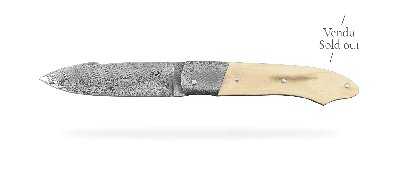Gueuleton Damascus blade and bolster, Brown Mammoth Ivory by Jérôme Latreille
