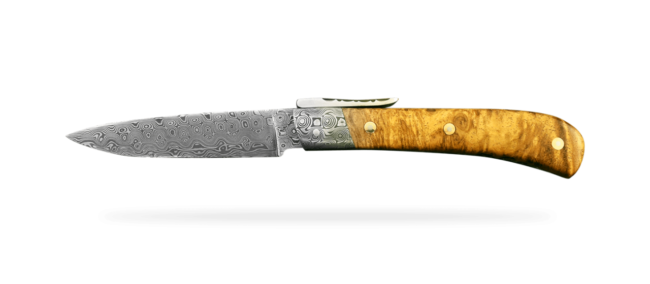 Corsican L'Antò knife Damascus Range Amboyna burl