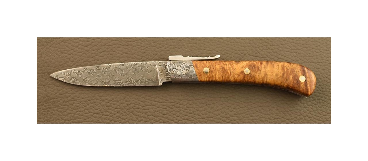 Corsican L'Antò knife Damascus Range Amboyna burl