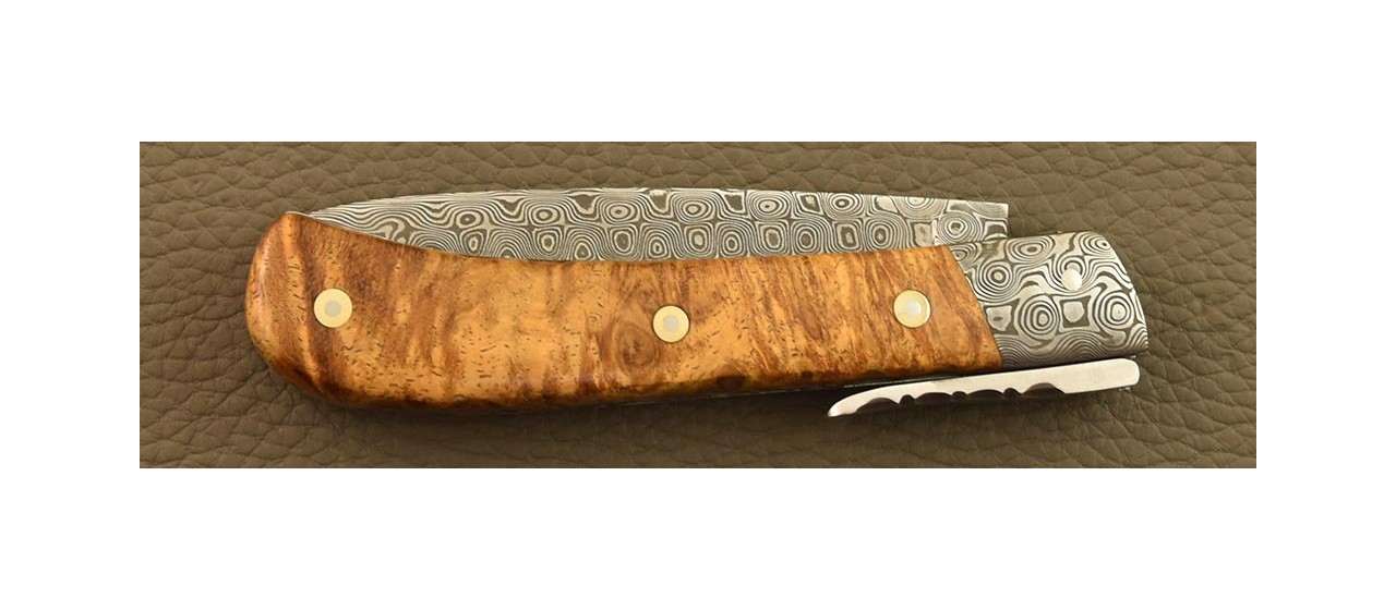 Corsican L'Antò knife Damascus Range Amboyna burl