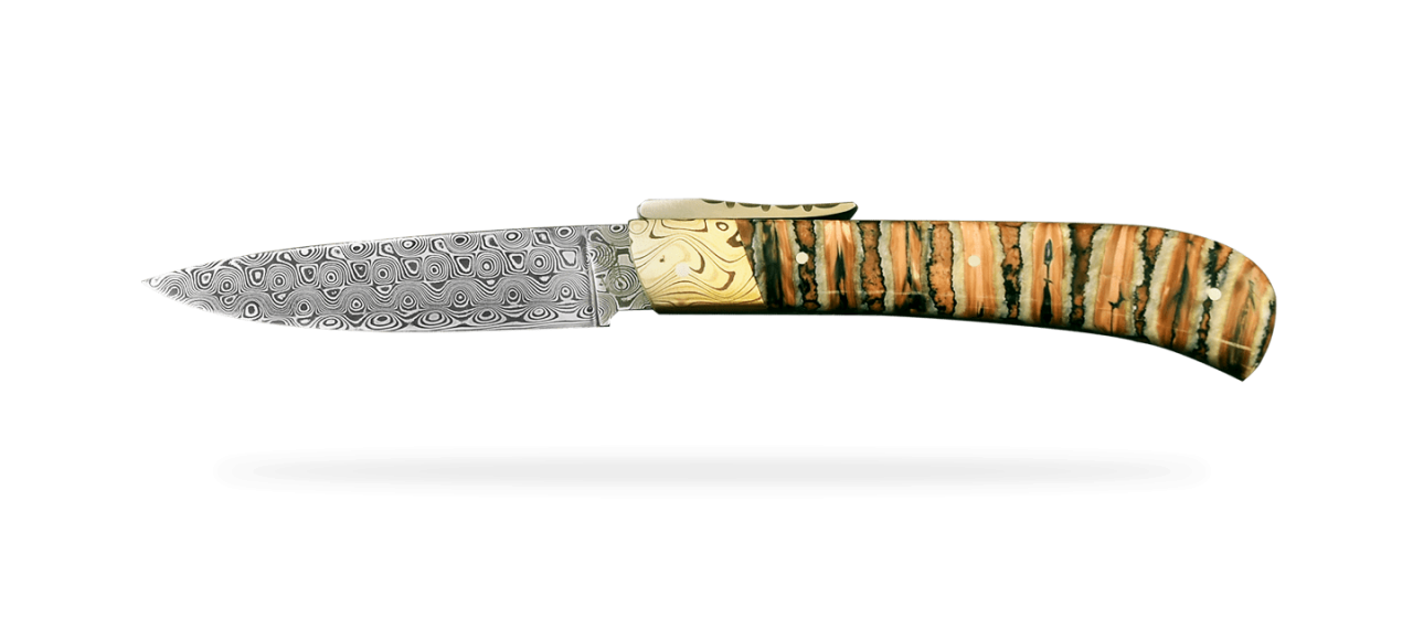 Corsican L'Antò knife "Guilloché" Damascus Range Brown Molar Tooth of Mammoth & Mokume-Gane bolster