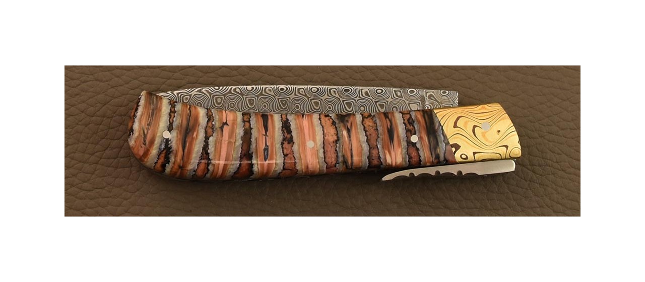 Corsican L'Antò "Guilloché" Damascus Range Brown Molar Tooth of Mammoth & Mokume-Gane bolster