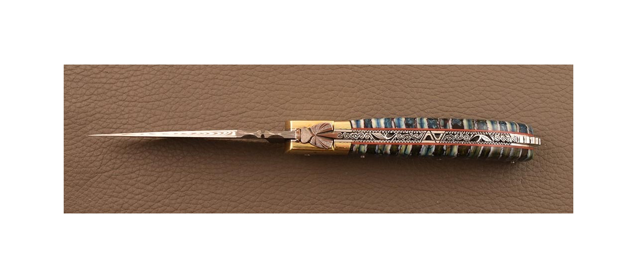 Couteau Laguiole Sport Damas, Molaire de mammouth, Guillochage fin et mitre en Mokume-Gane