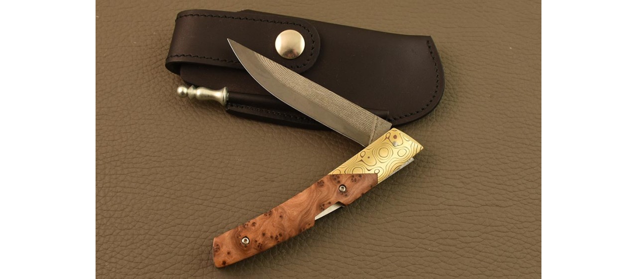 Le Thiers® Advance pen knife VG10 blade Thuya burl and Mokume-Gane bolster