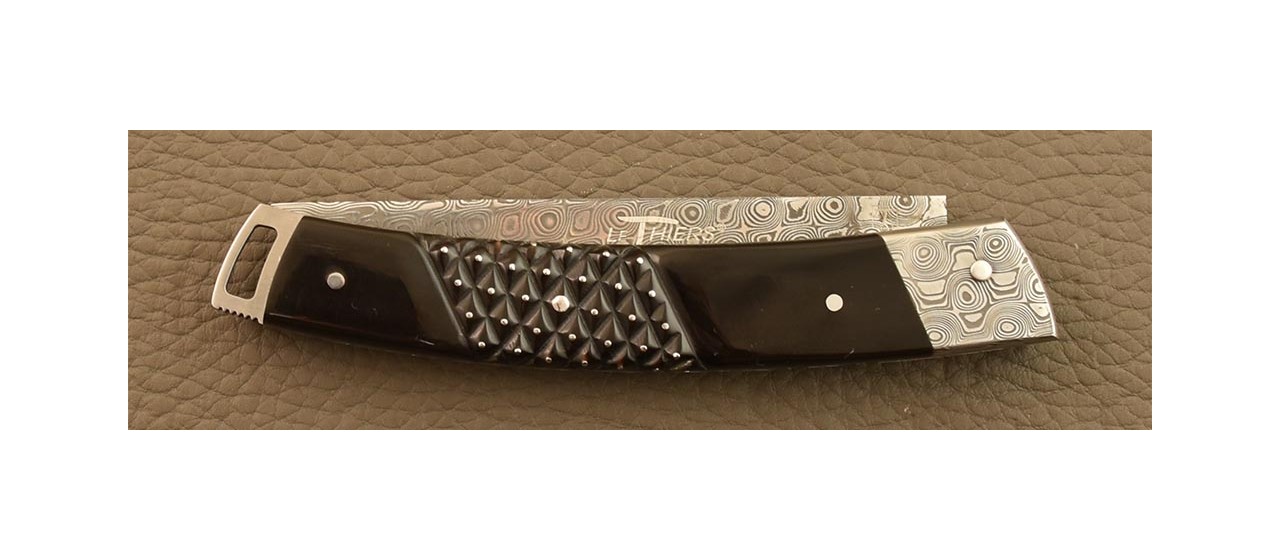 Folding knife Le Thiers® Nature "Guilloché" Damascus "Needles" Buffalo black horn tip